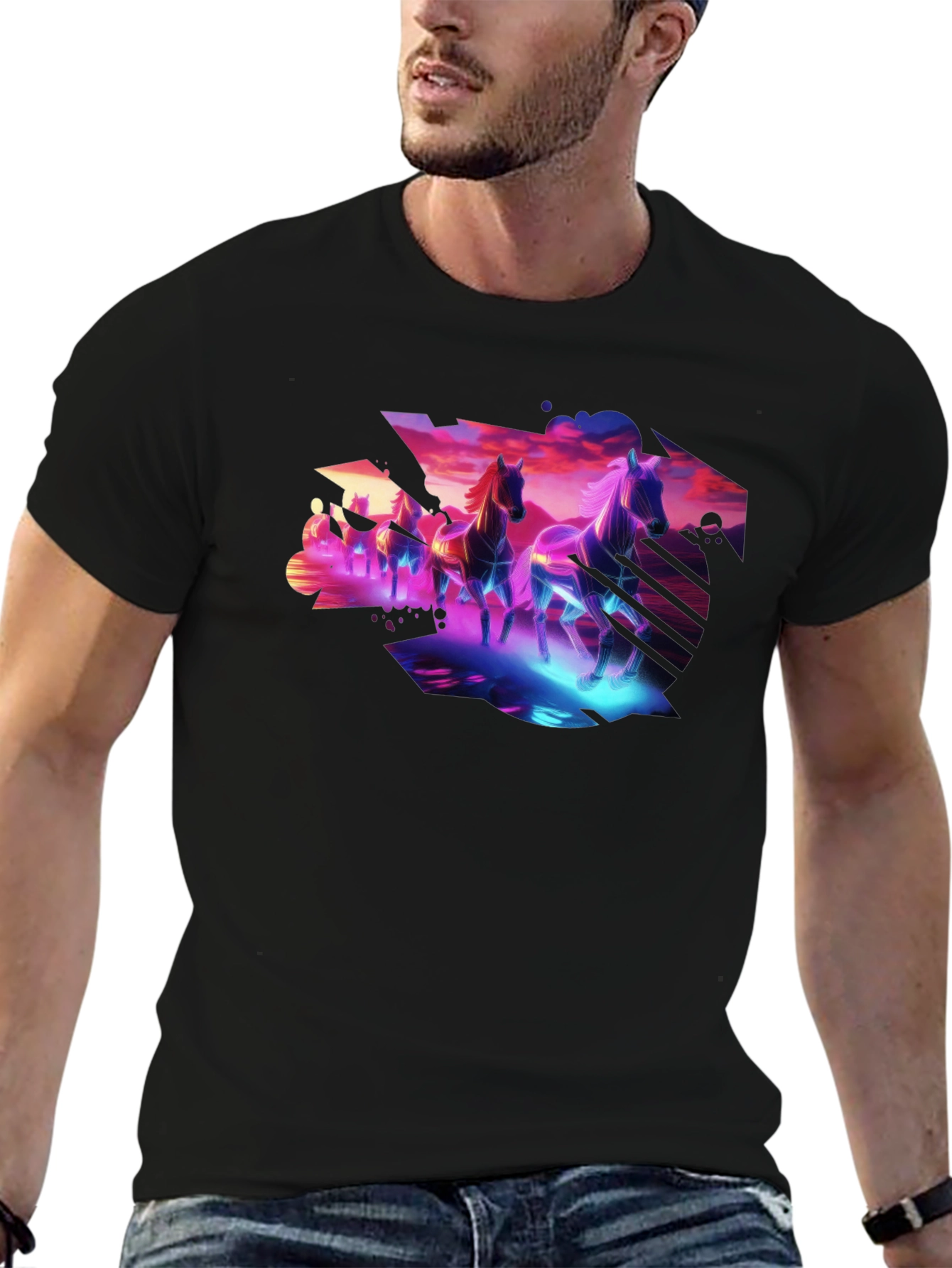 Cyberpunk Horses Graphic Tee - Black Cotton