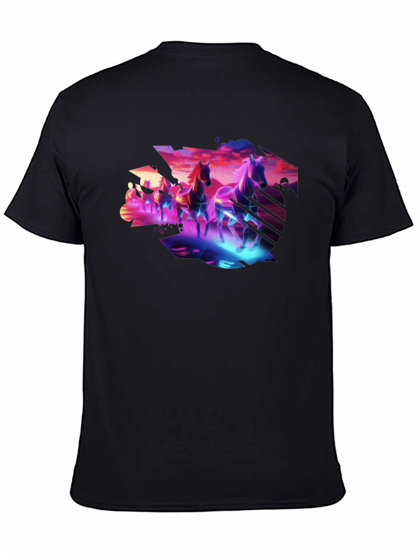 Cyberpunk Horses Graphic Tee - Black Cotton