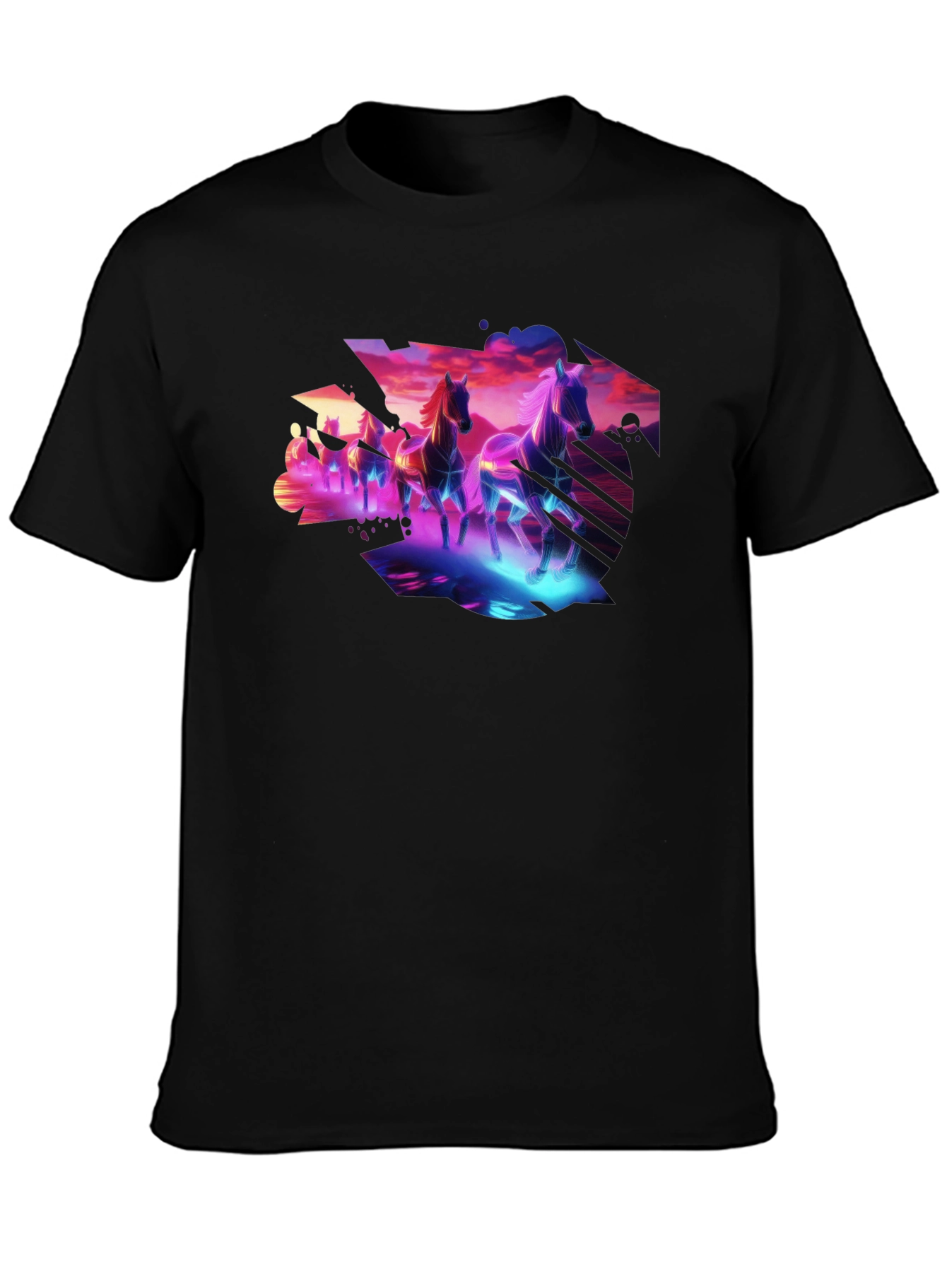 Cyberpunk Horses Graphic Tee - Black Cotton