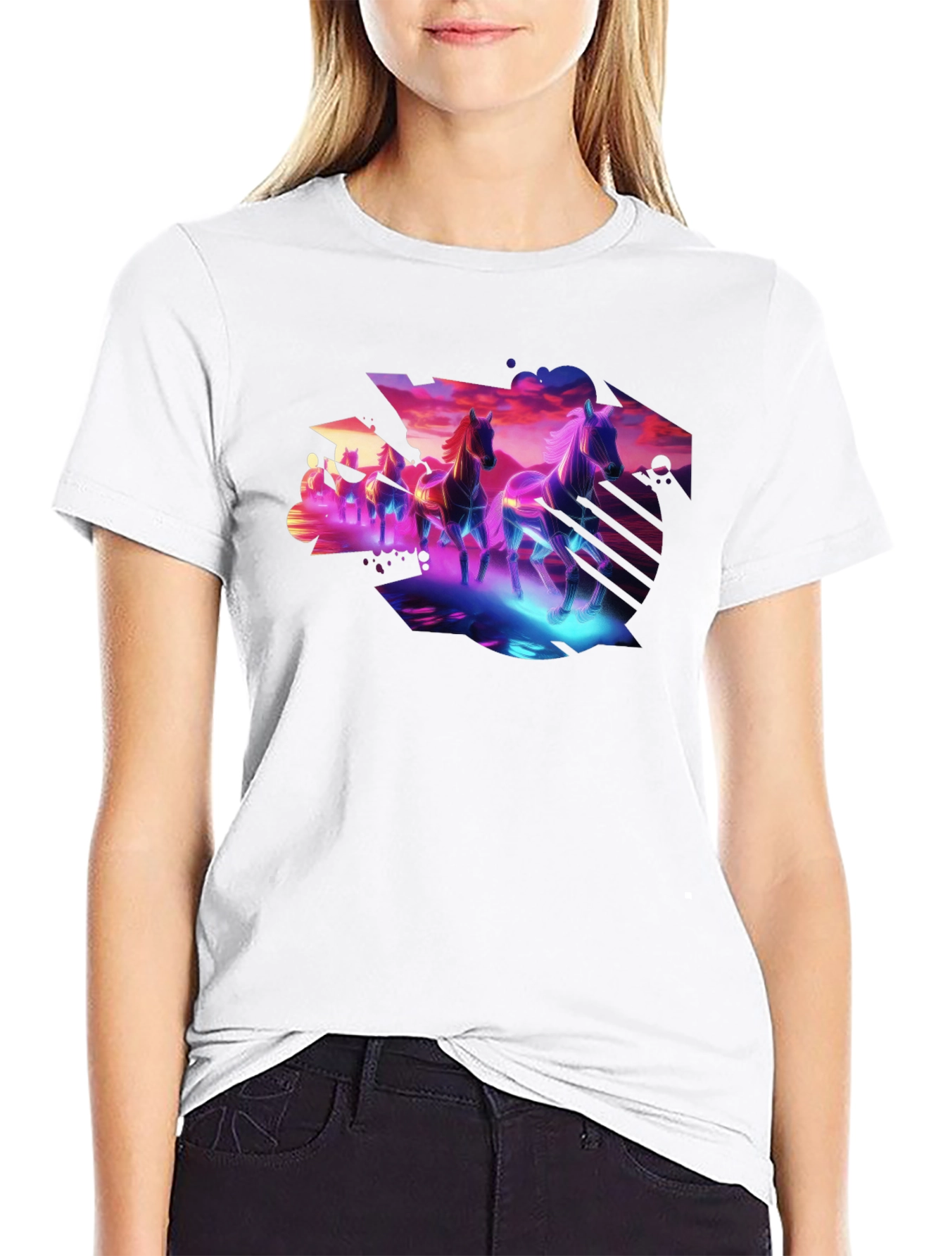 Cyberpunk Horses Graphic Tee - Black Cotton