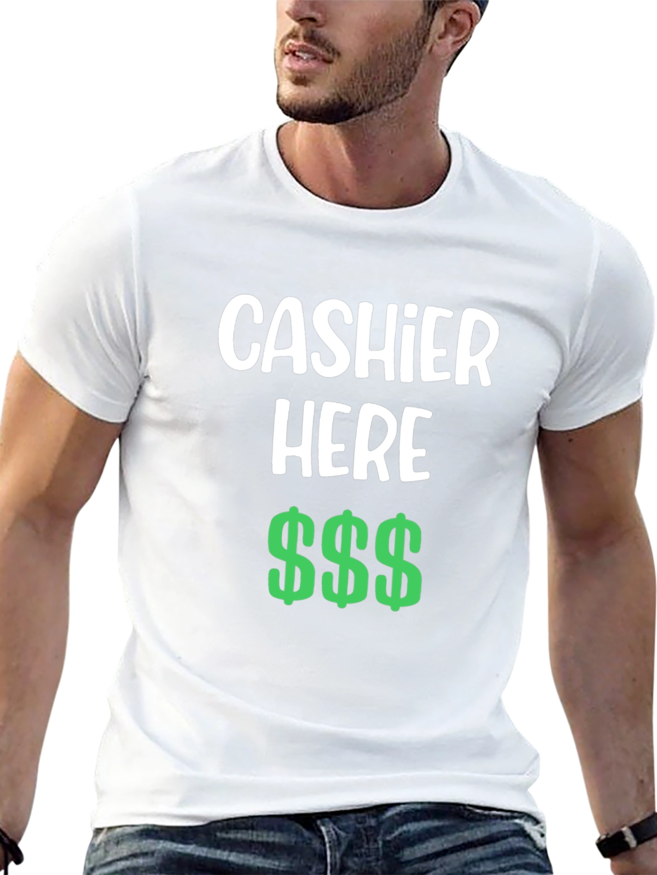 Cashier Here Funny T-Shirt - Black Crew Neck Tee