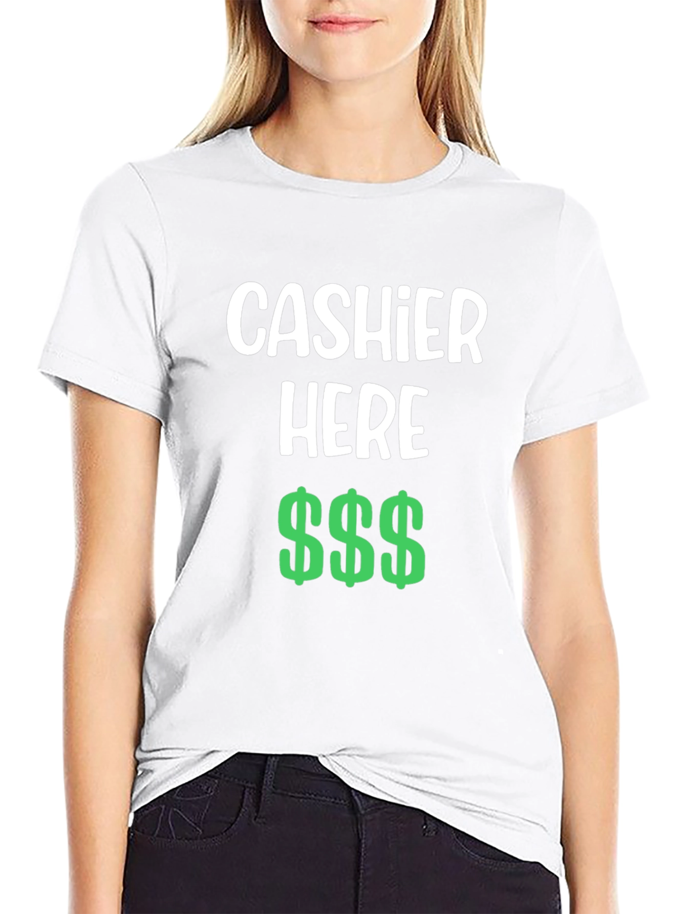 Cashier Here Funny T-Shirt - Black Crew Neck Tee