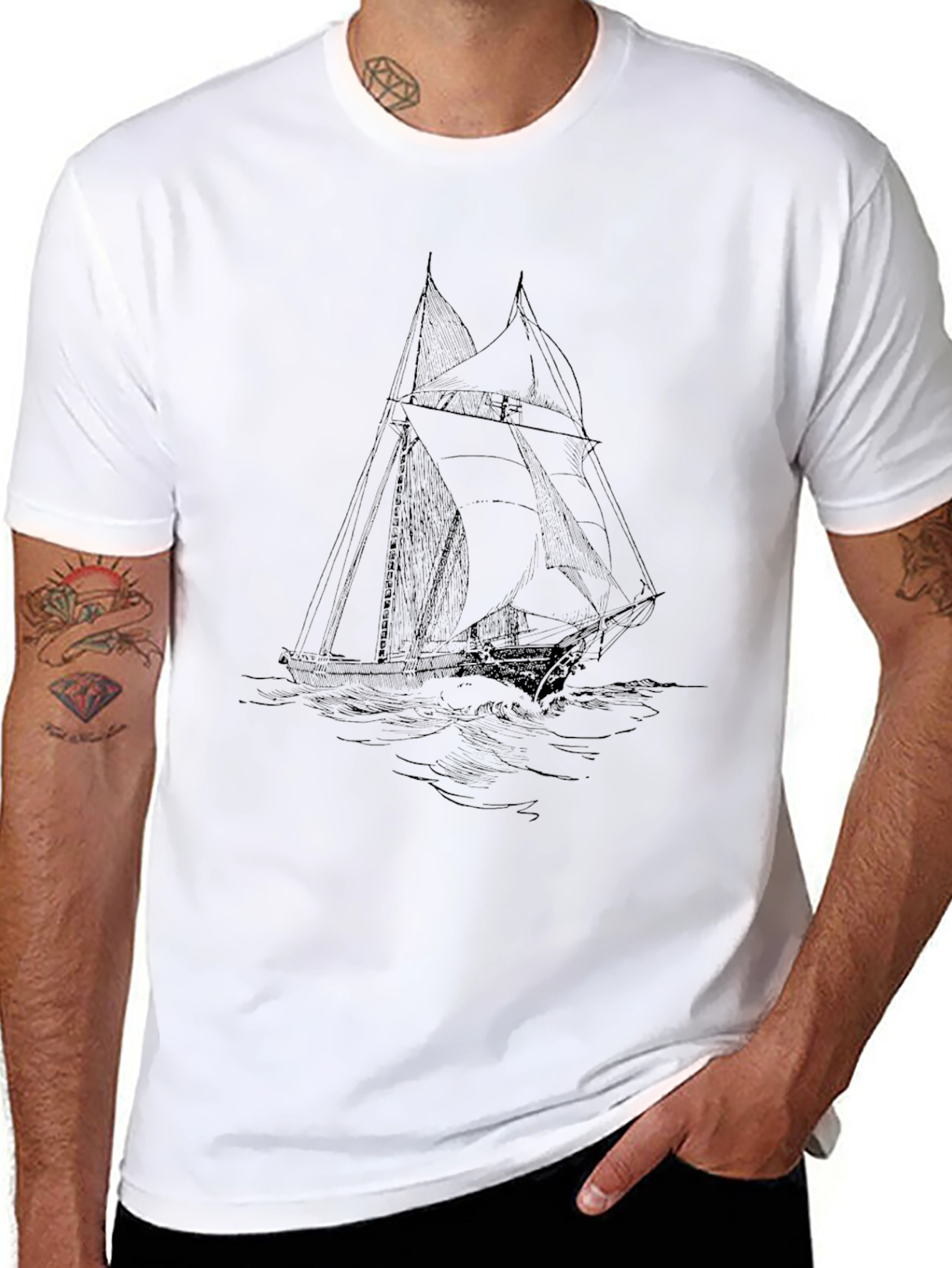 Nautical Sailboat Graphic Tee - Black Cotton T-Shirt