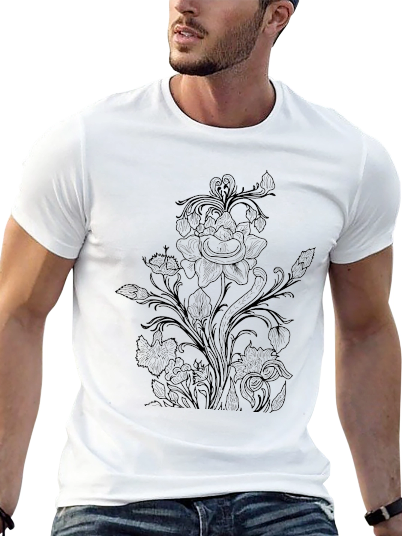 Floral Print Black Crew Neck T-Shirt