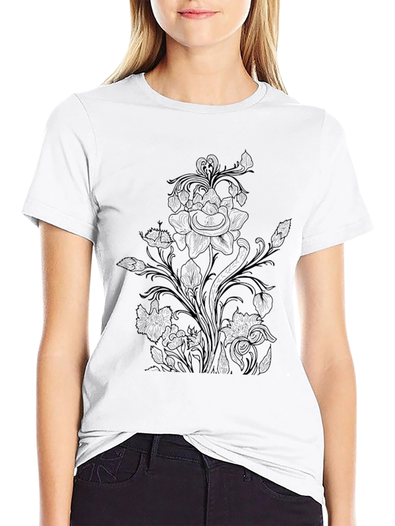 Floral Print Black Crew Neck T-Shirt