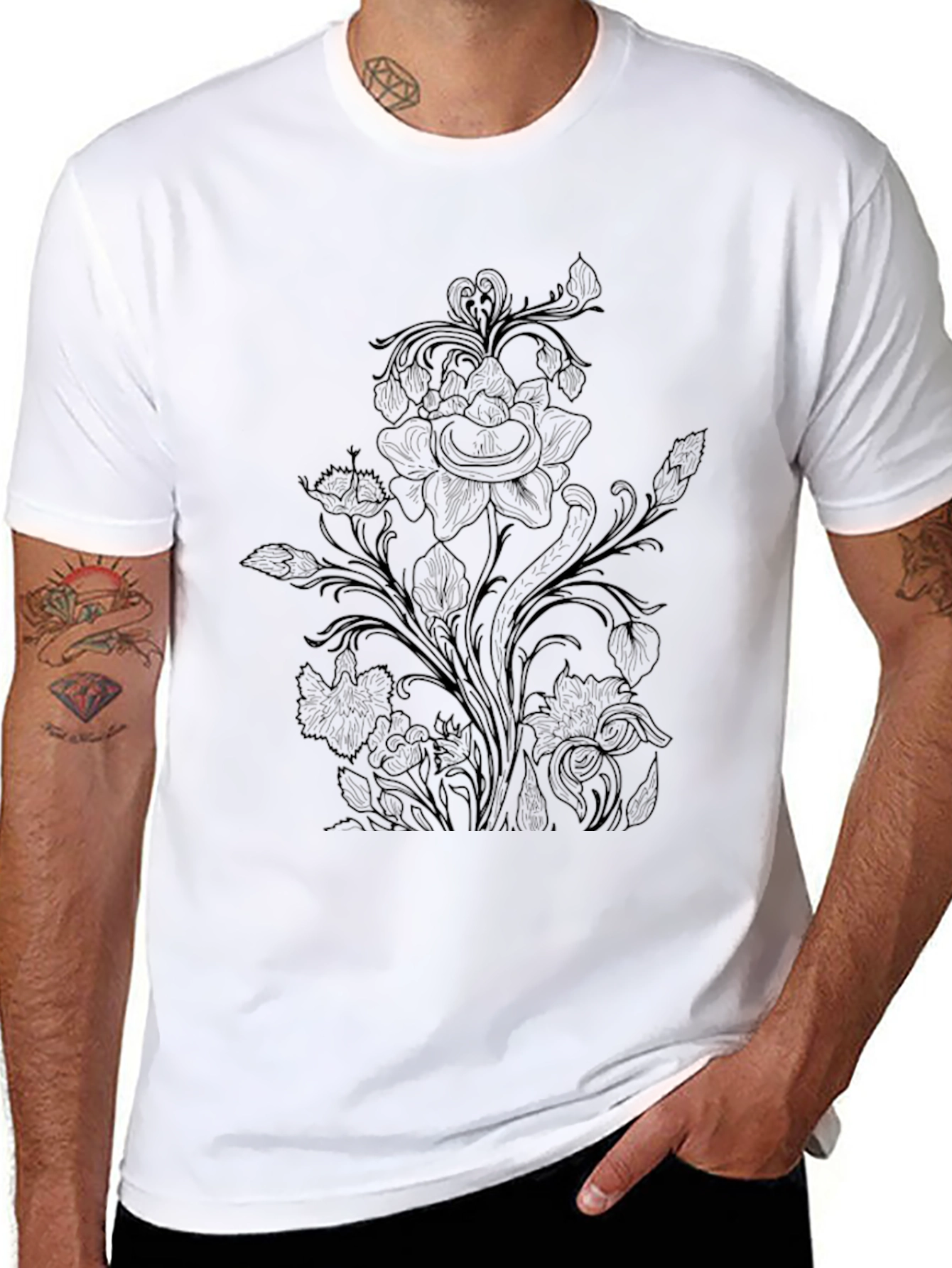 Floral Print Black Crew Neck T-Shirt