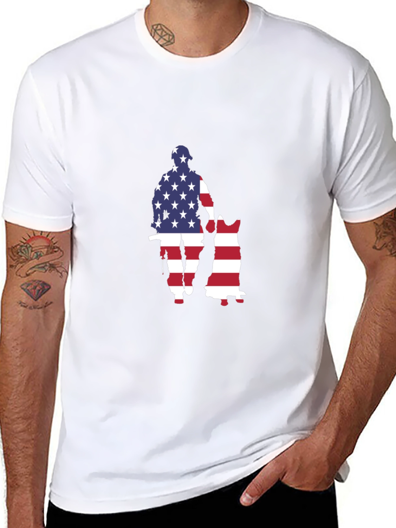 Patriotic US Flag Soldier & Dog Graphic T-Shirt