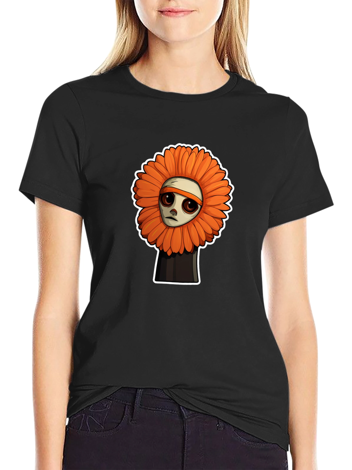 Sad Flower Cartoon Graphic T-Shirt - Unisex Black Tee