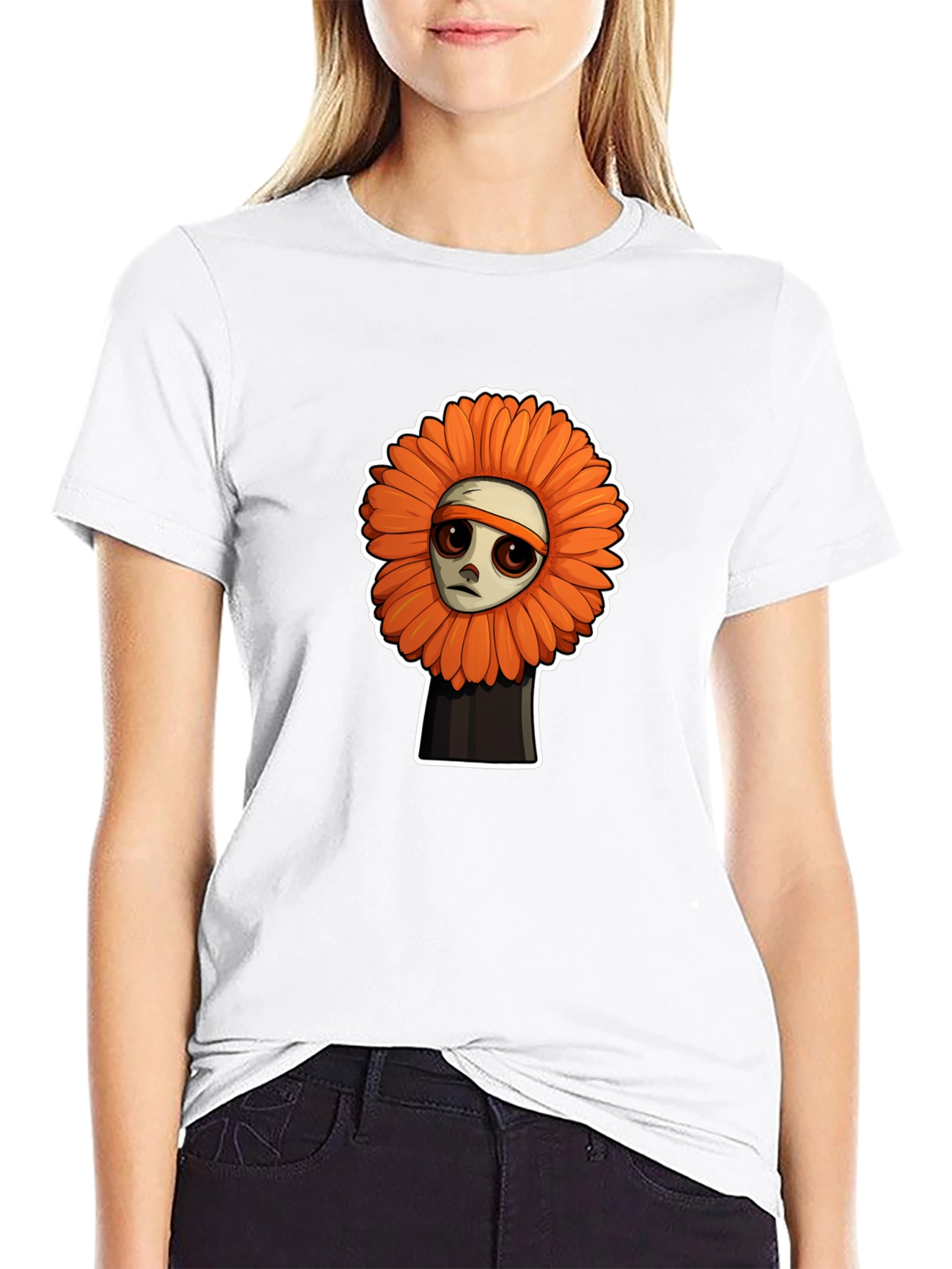 Sad Flower Cartoon Graphic T-Shirt - Unisex Black Tee