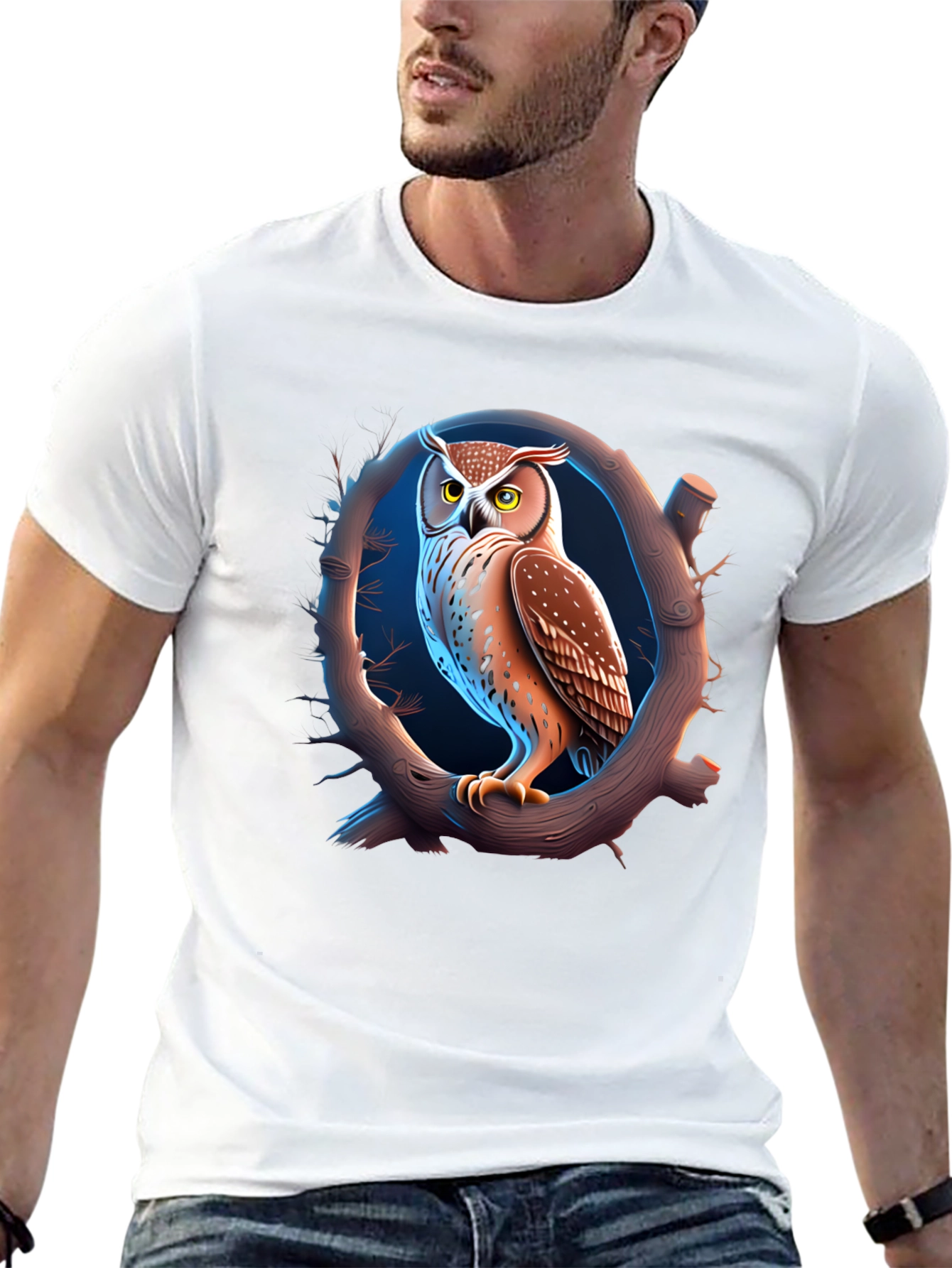 Owl on Branch Graphic T-Shirt - Black