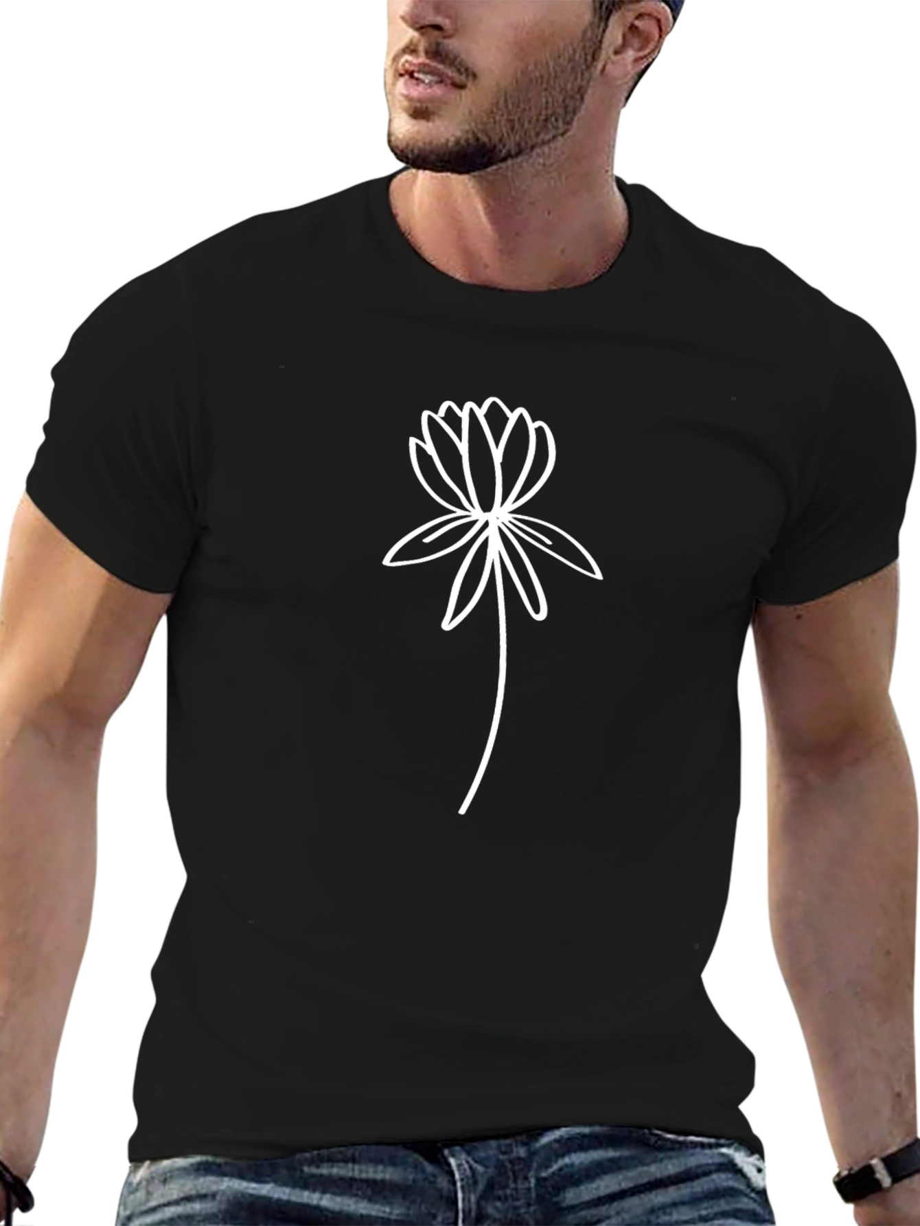 Minimalist Lotus Flower Graphic Black T-Shirt