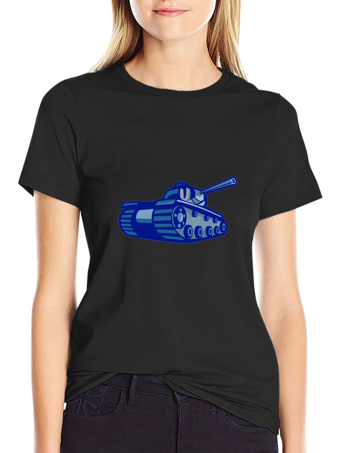 Blue Cartoon Tank Graphic Black T-Shirt