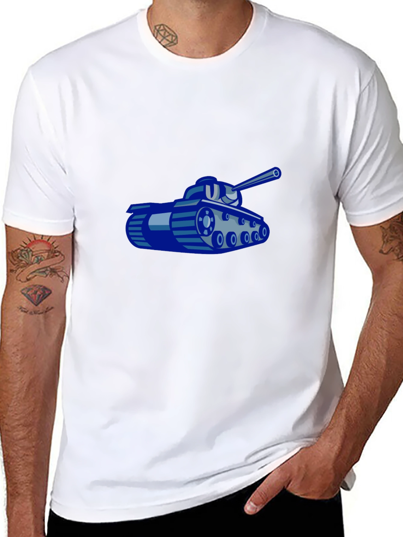 Blue Cartoon Tank Graphic Black T-Shirt
