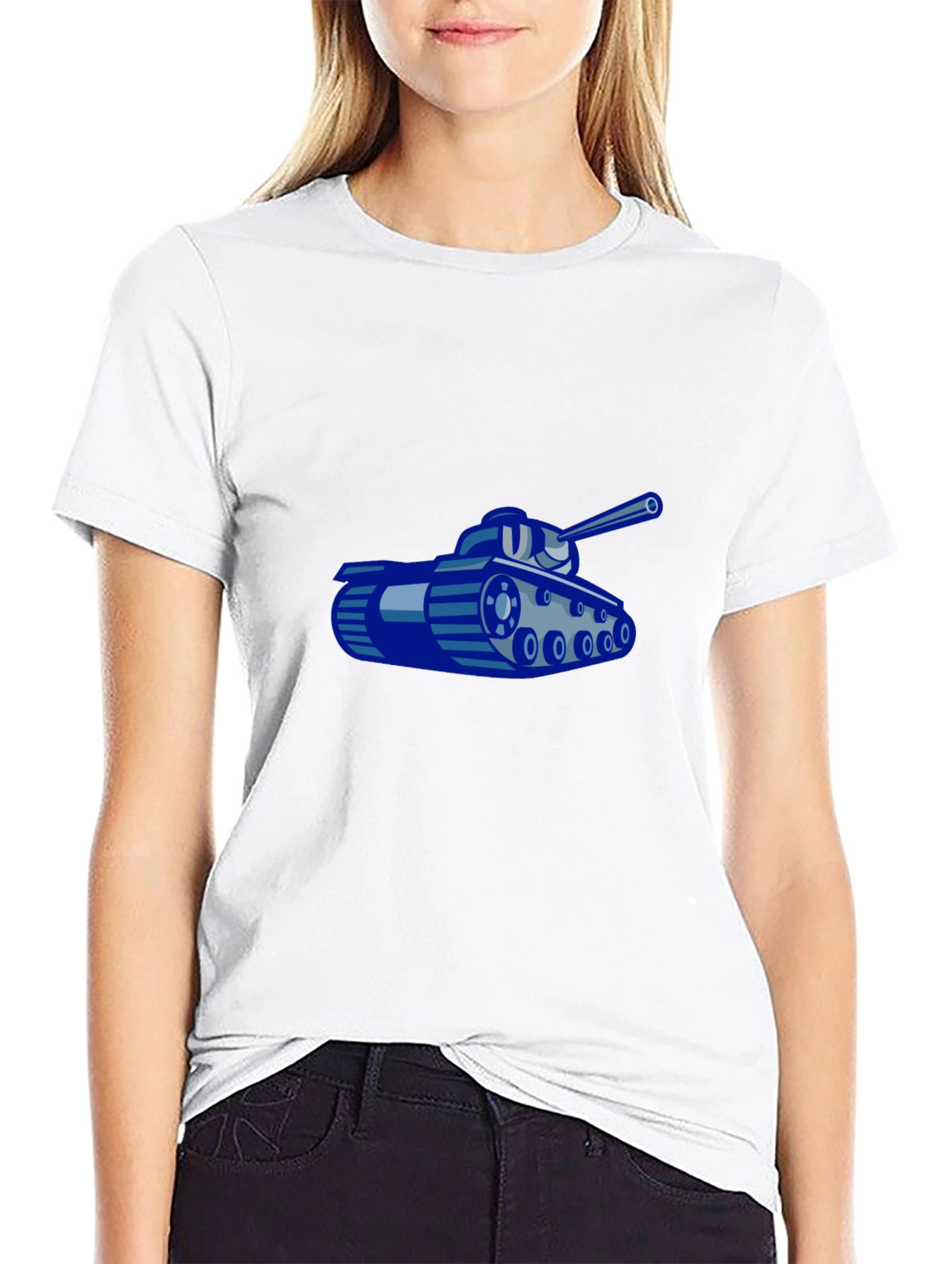 Blue Cartoon Tank Graphic Black T-Shirt