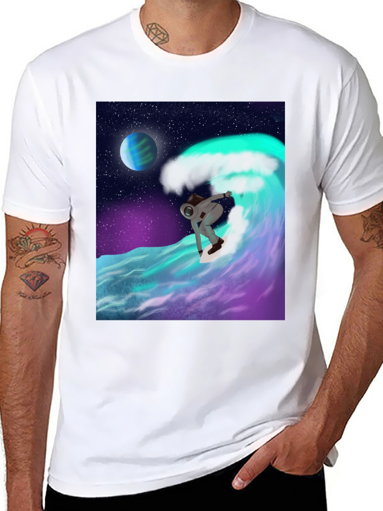 Astronaut Surfing T-Shirt - Space Wave Graphic Tee