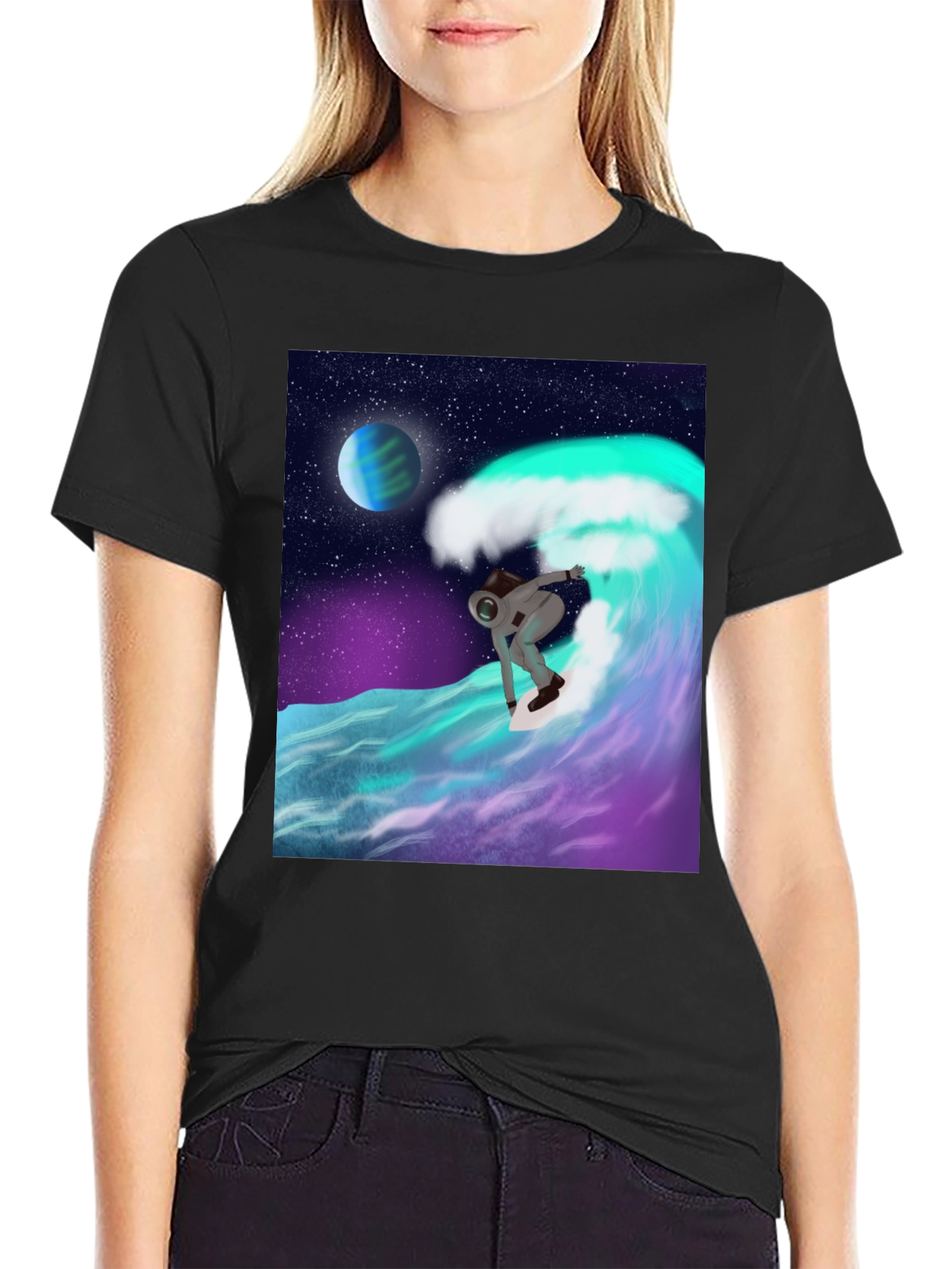 Astronaut Surfing T-Shirt - Space Wave Graphic Tee