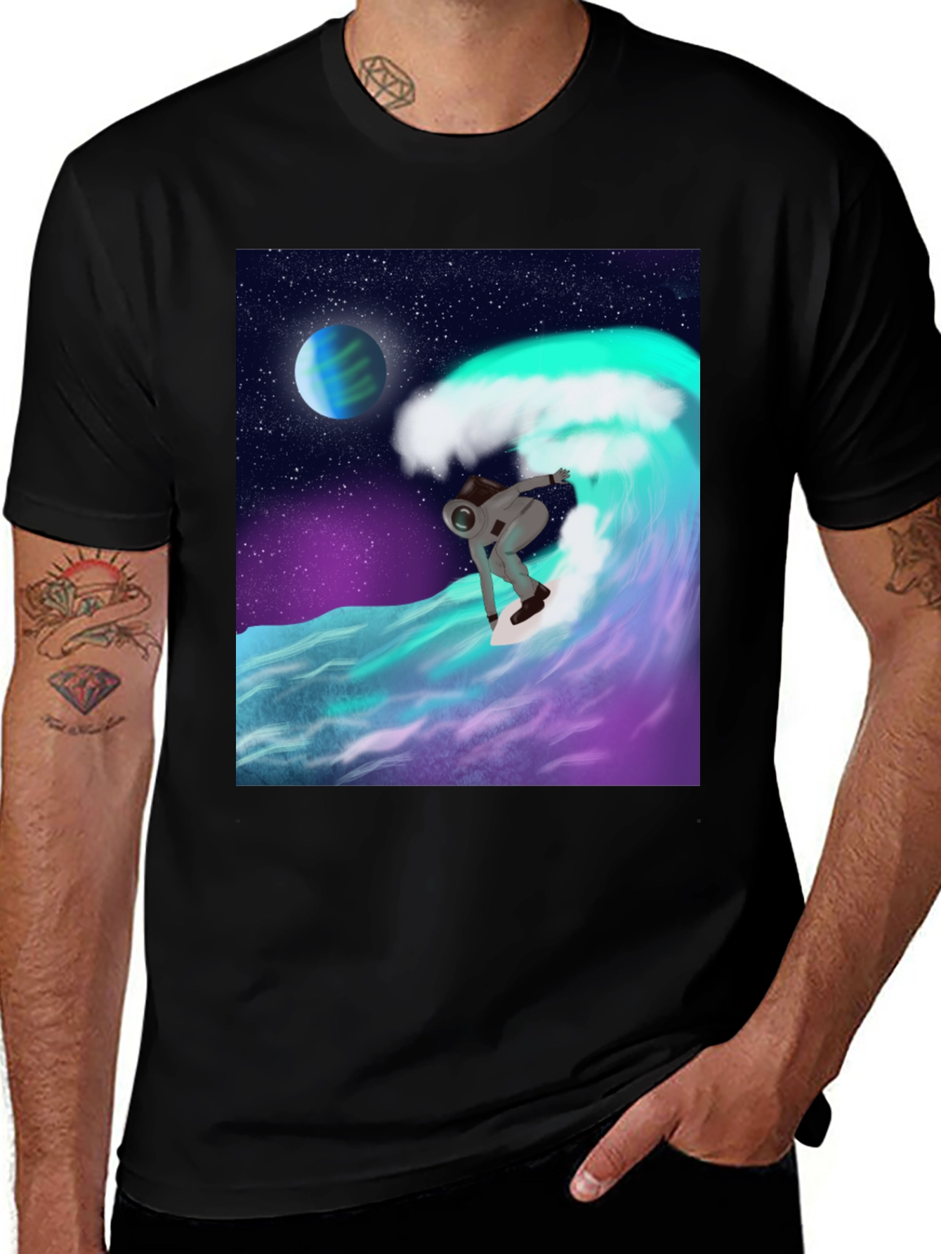 Astronaut Surfing T-Shirt - Space Wave Graphic Tee