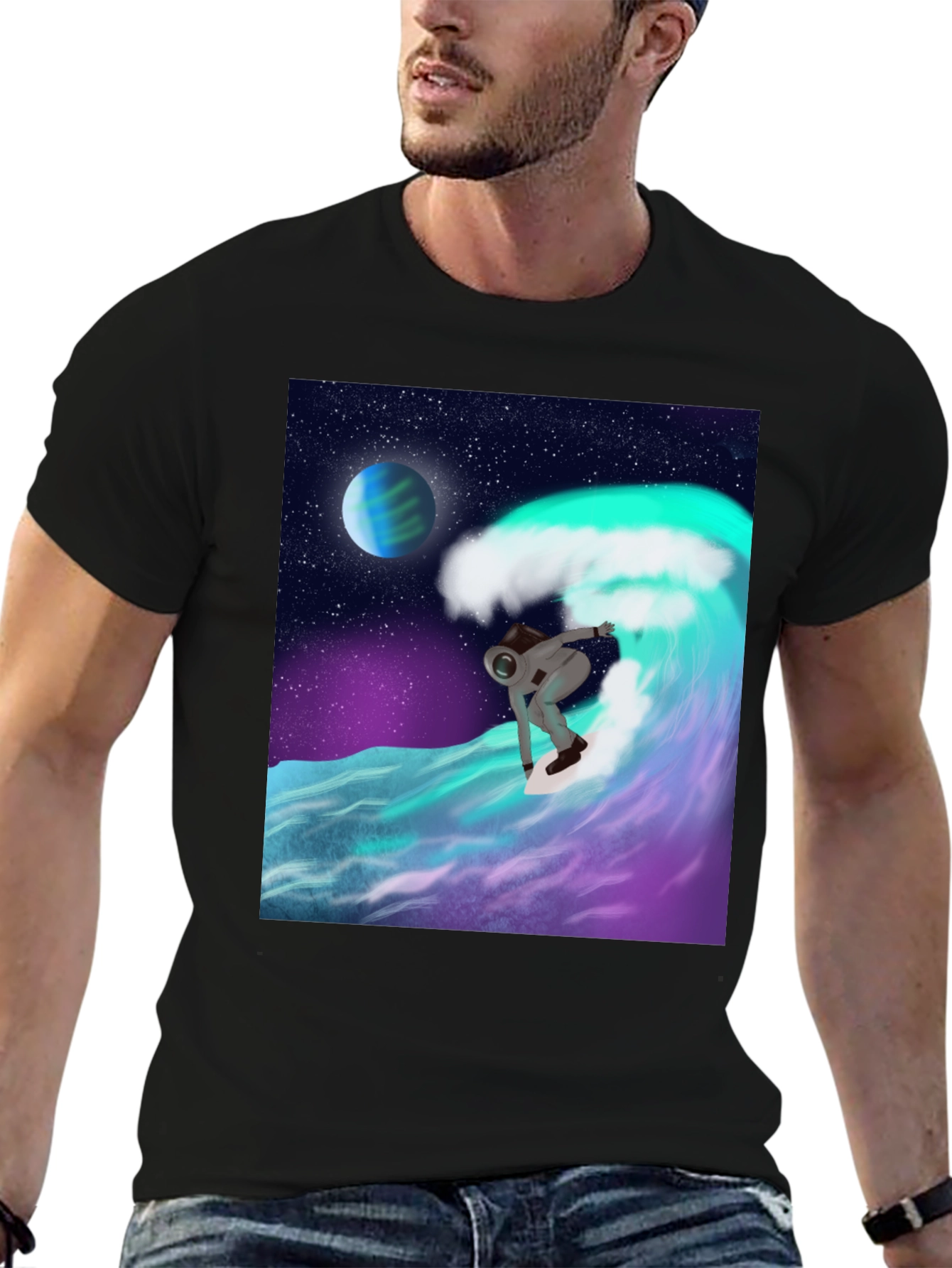 Astronaut Surfing T-Shirt - Space Wave Graphic Tee