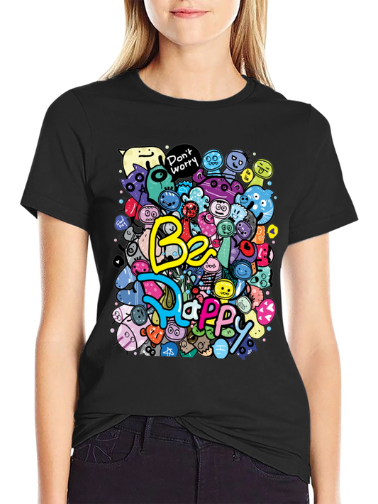 Be Happy Graphic Tee -  Colorful Doodle Design