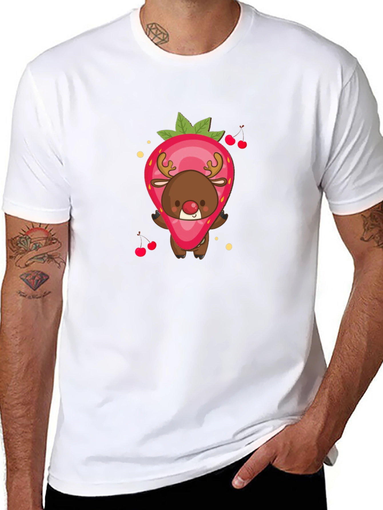 Strawberry Reindeer Graphic Tee - Black Unisex Shirt