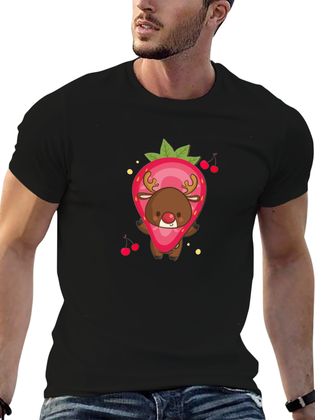 Strawberry Reindeer Graphic Tee - Black Unisex Shirt