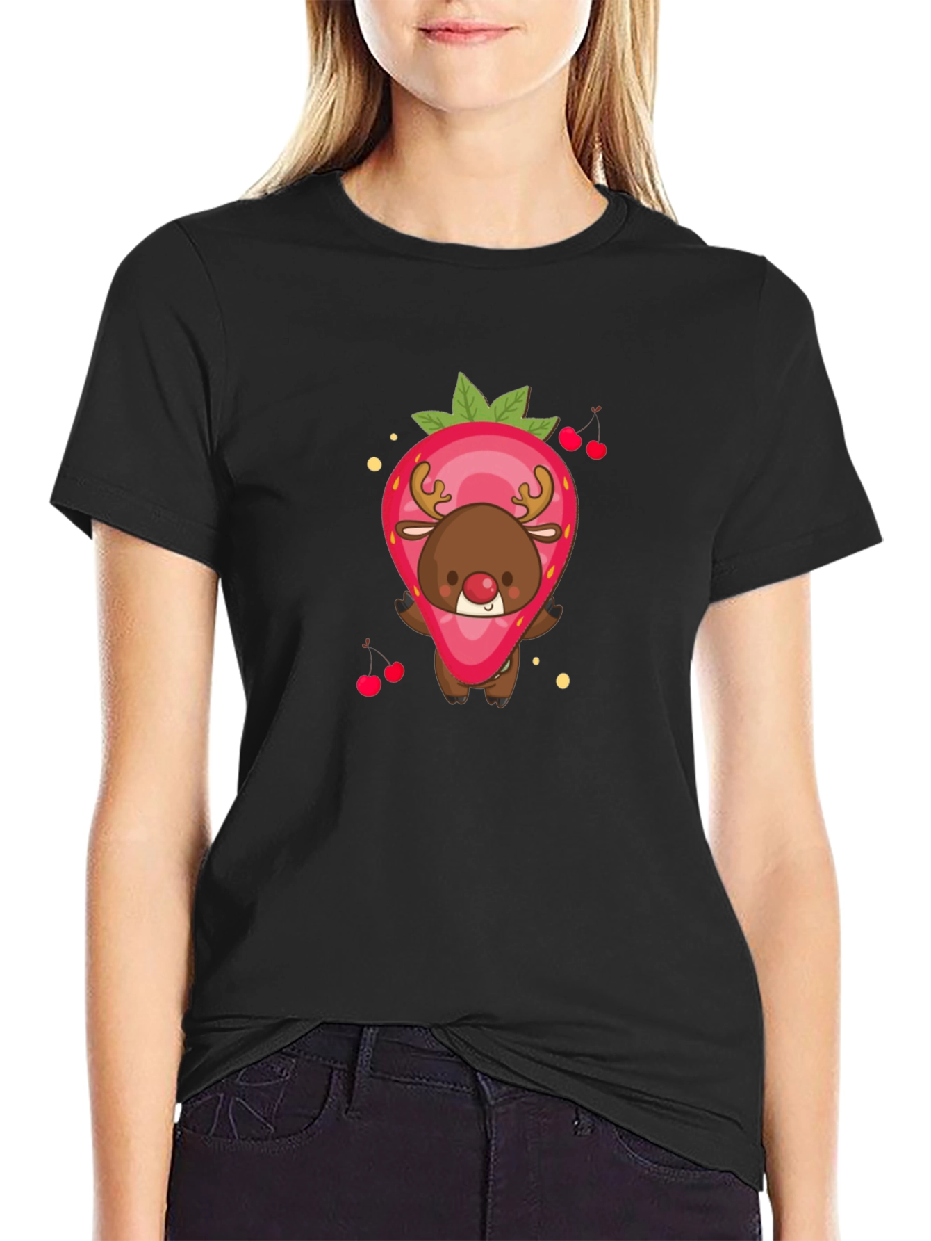 Strawberry Reindeer Graphic Tee - Black Unisex Shirt