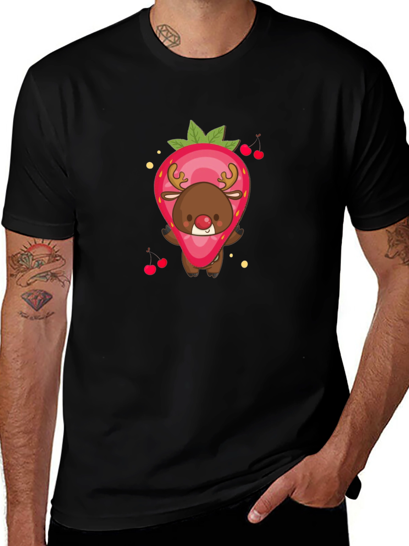 Strawberry Reindeer Graphic Tee - Black Unisex Shirt