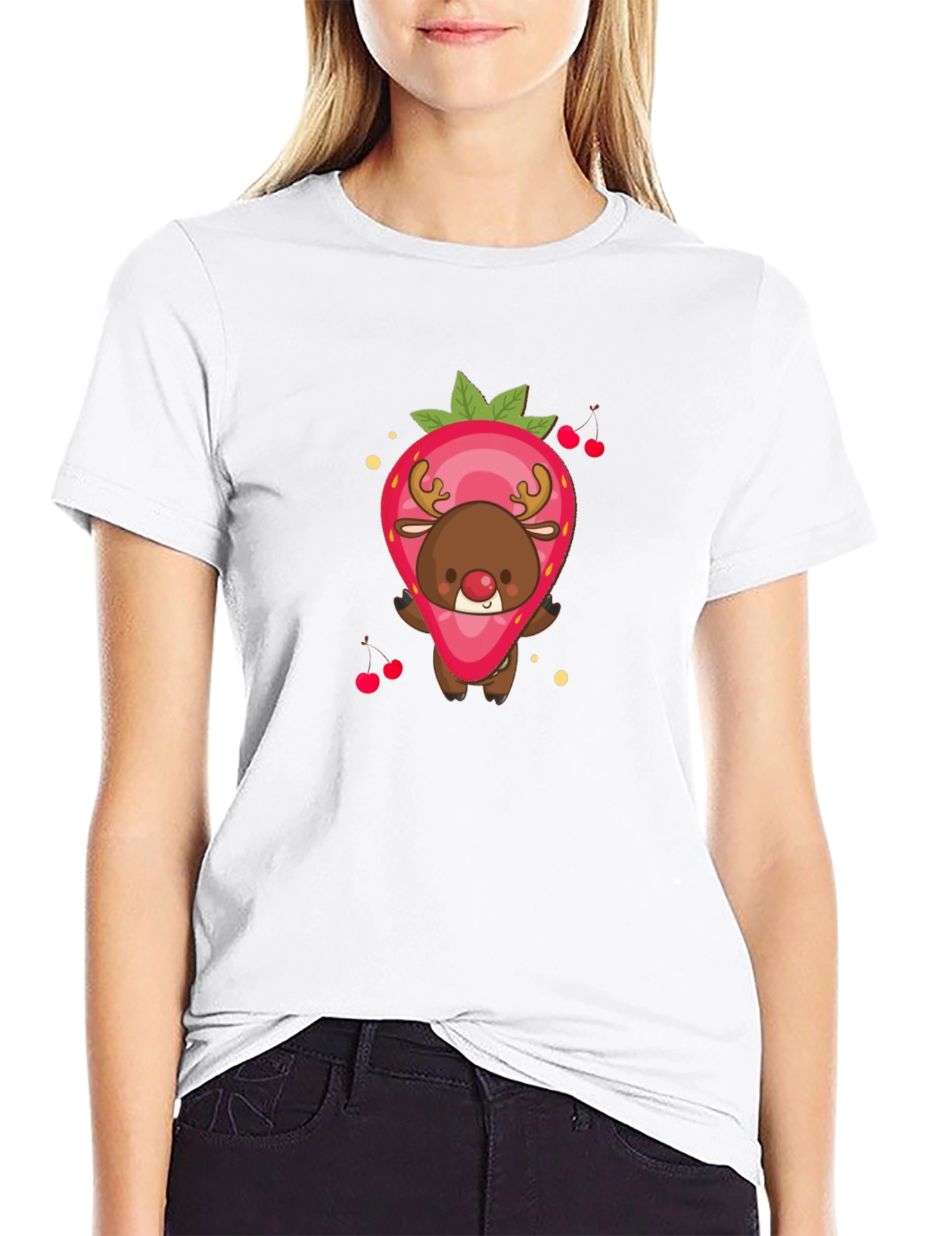 Strawberry Reindeer Graphic Tee - Black Unisex Shirt
