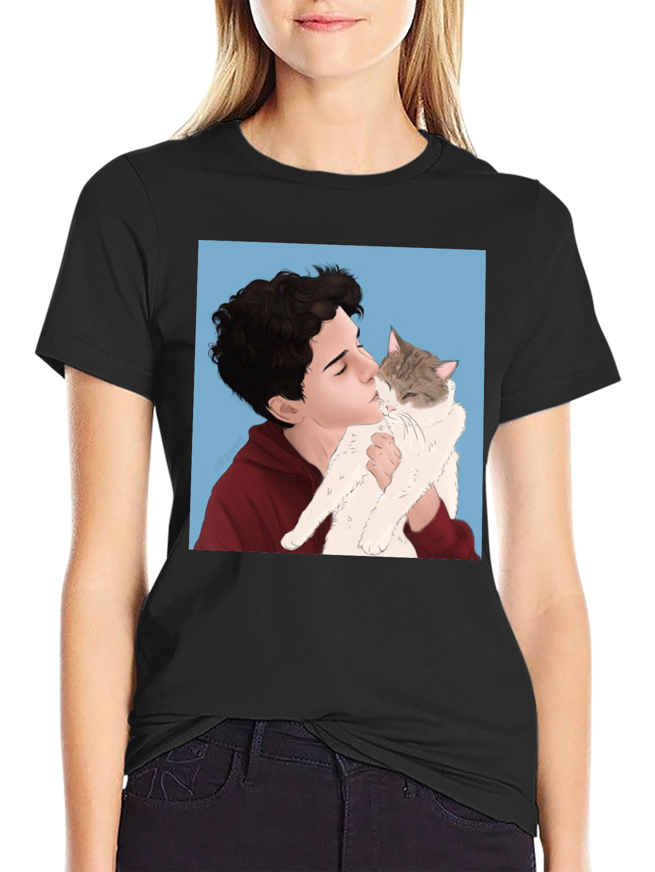Mans Black T-Shirt with Boy and Cat Graphic