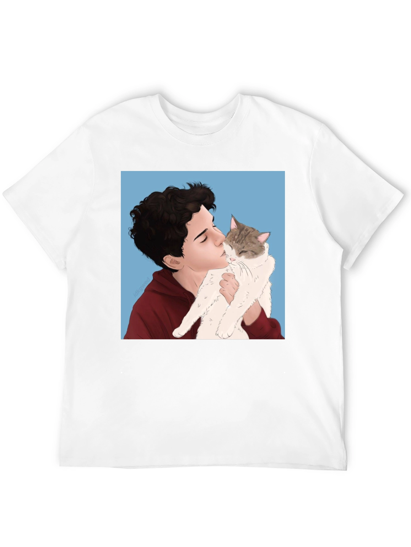 Mans Black T-Shirt with Boy and Cat Graphic