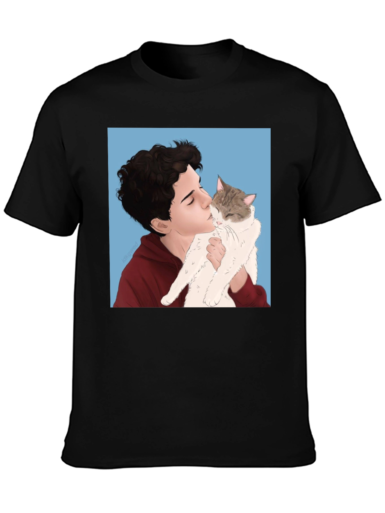 Mans Black T-Shirt with Boy and Cat Graphic