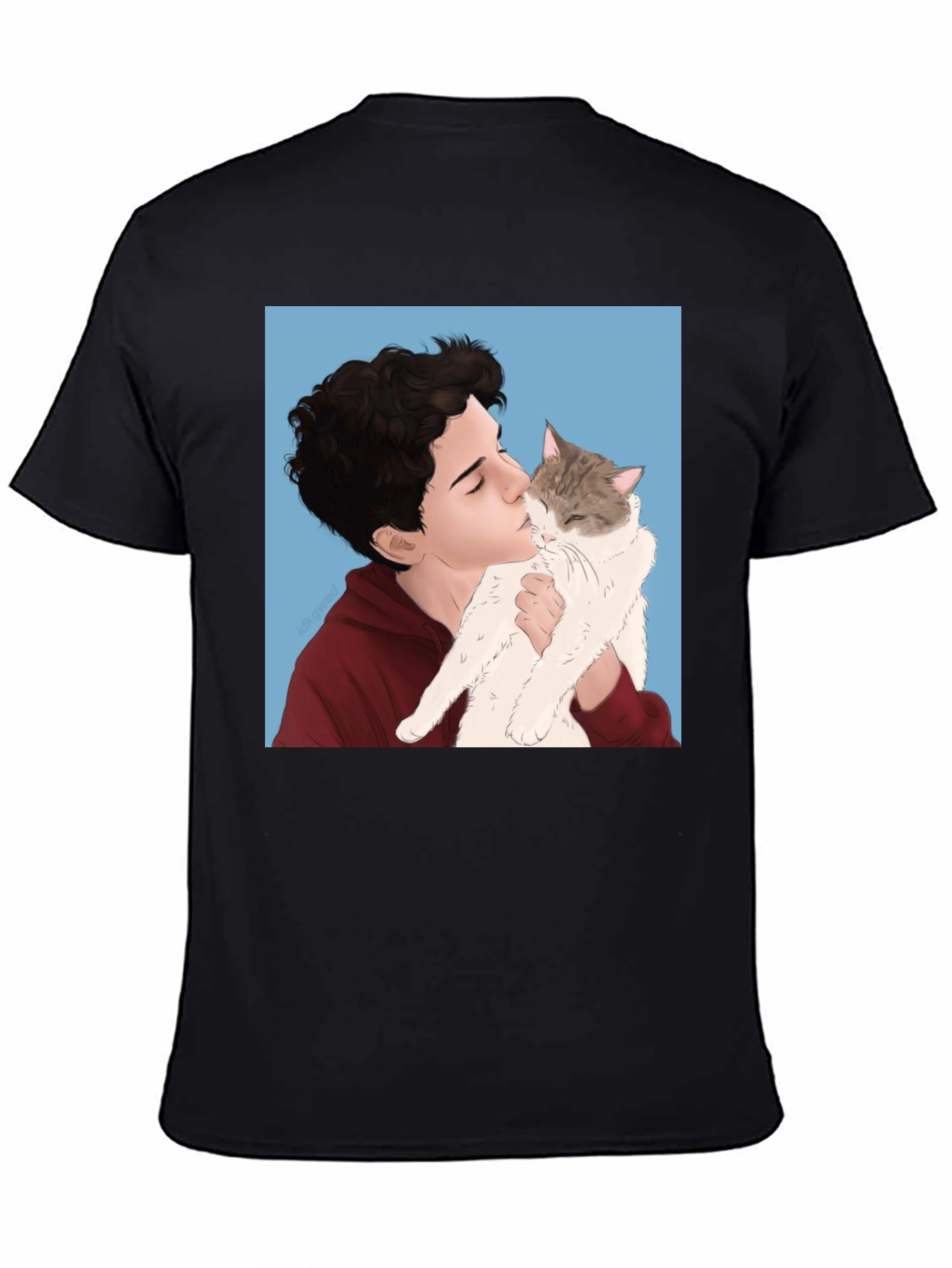Mans Black T-Shirt with Boy and Cat Graphic
