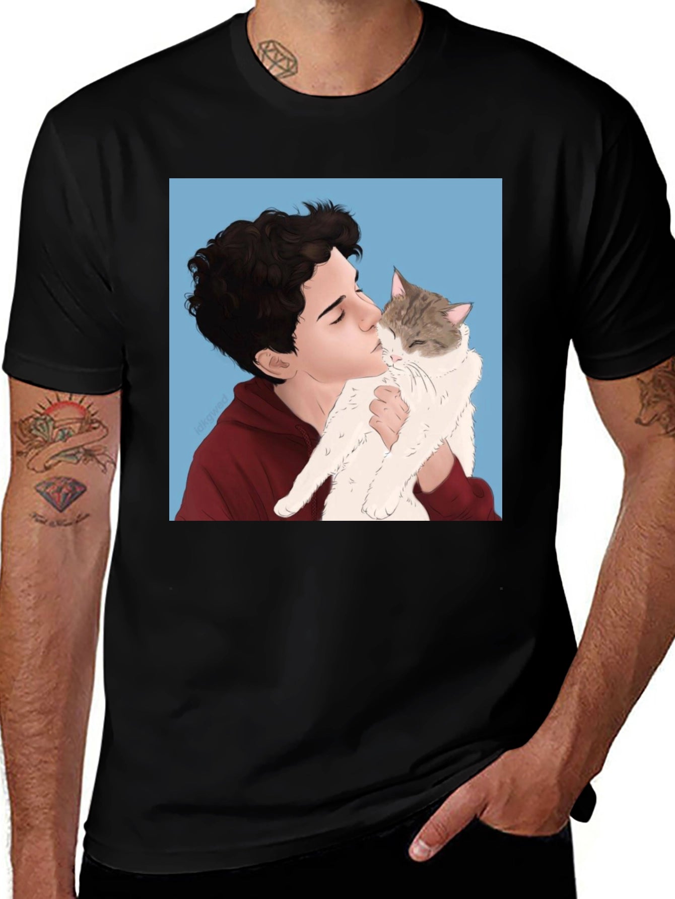 Mans Black T-Shirt with Boy and Cat Graphic
