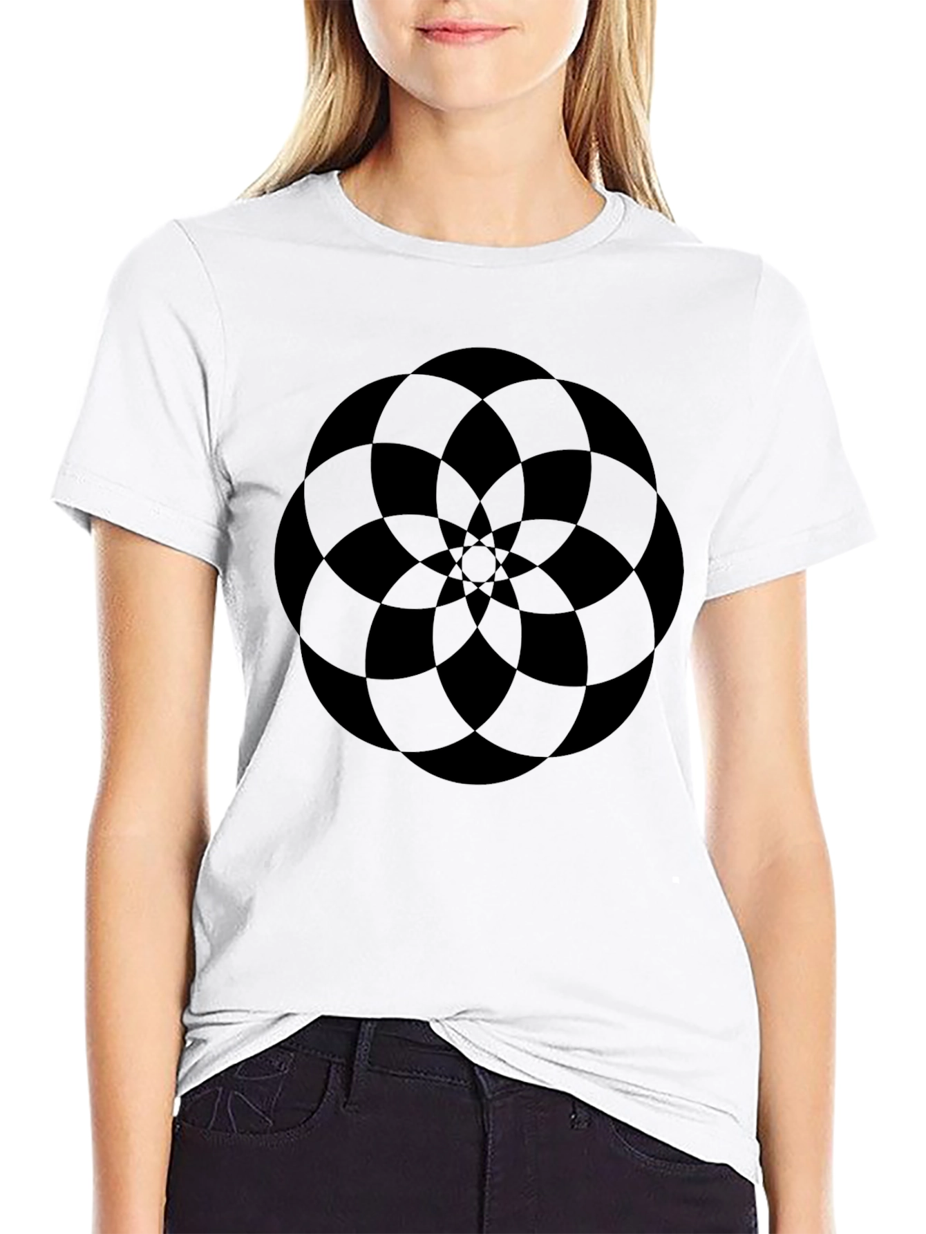 Abstract Geometric Flower Design Black T-Shirt