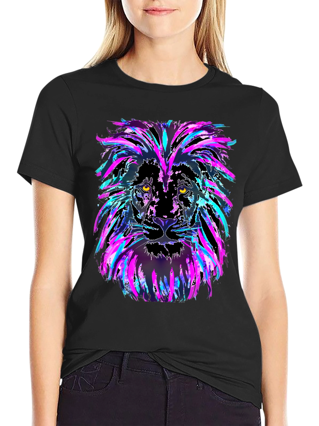 Neon Lion Graphic Black T-Shirt