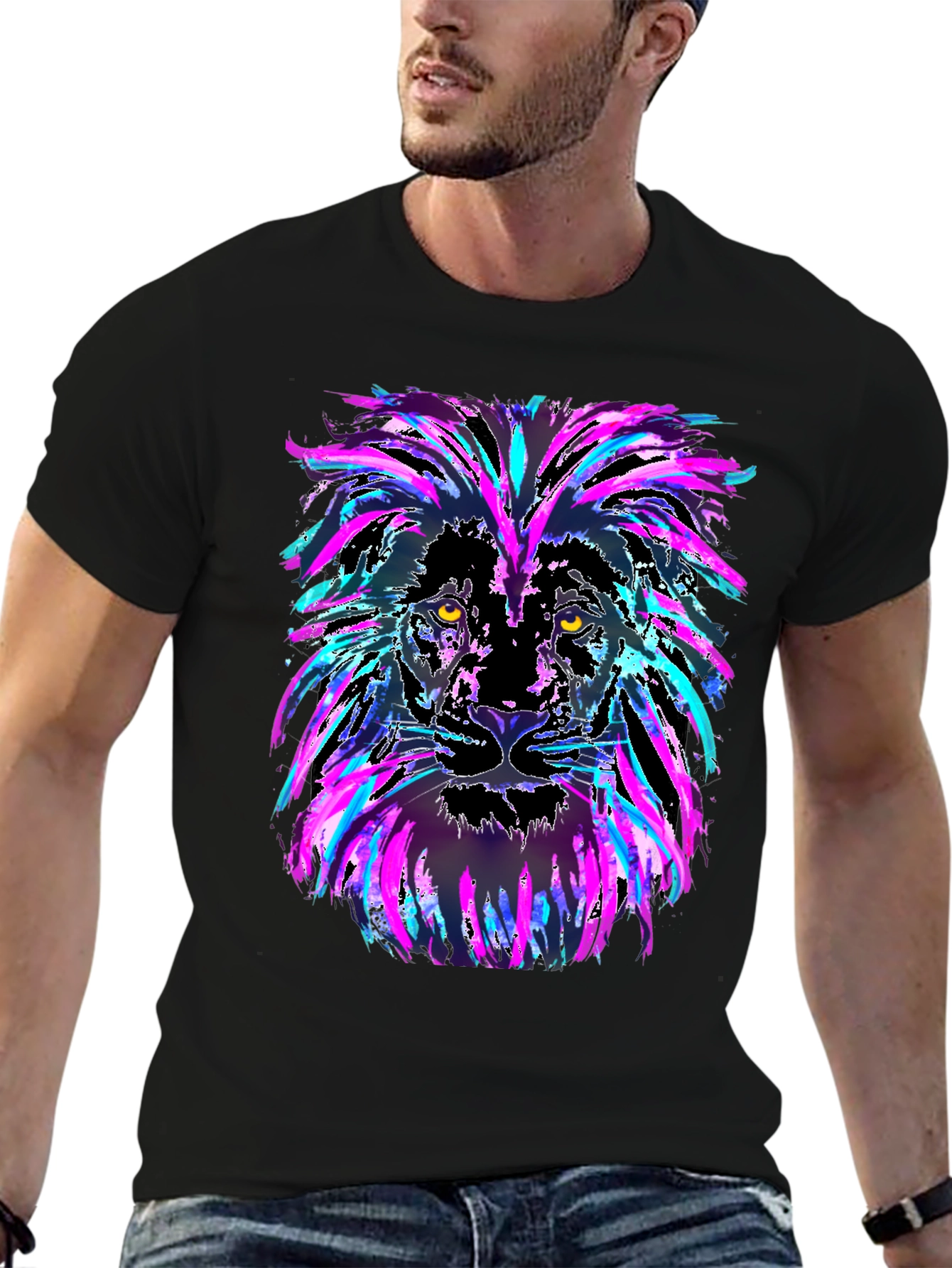 Neon Lion Graphic Black T-Shirt