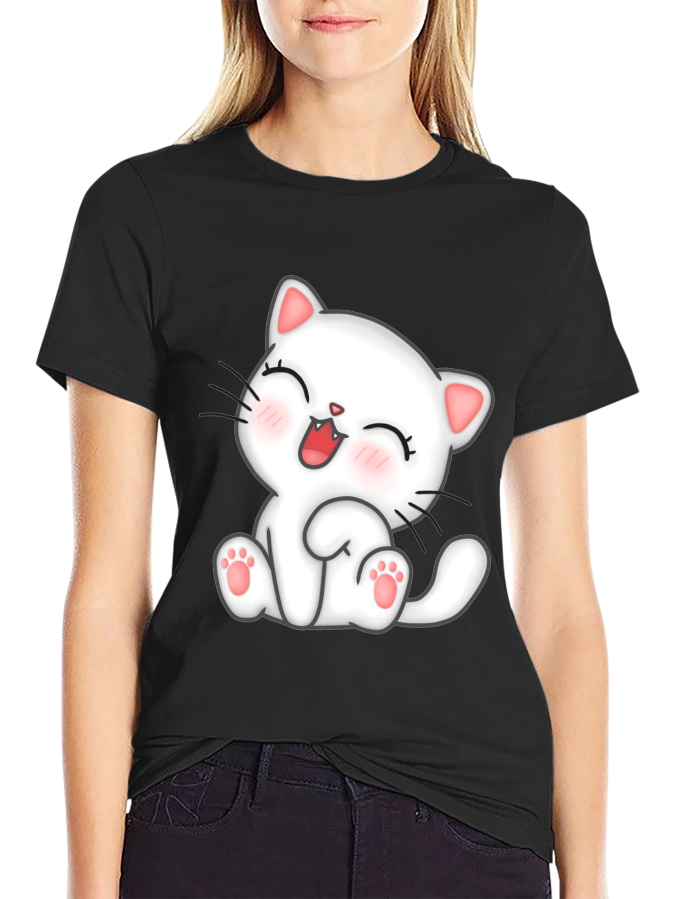 Cute Cat Graphic Black T-Shirt