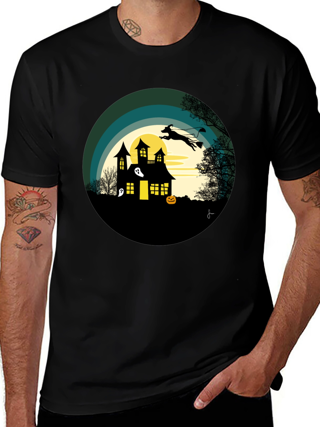 Halloween Spooky House Dog Silhouette Graphic T-Shirt