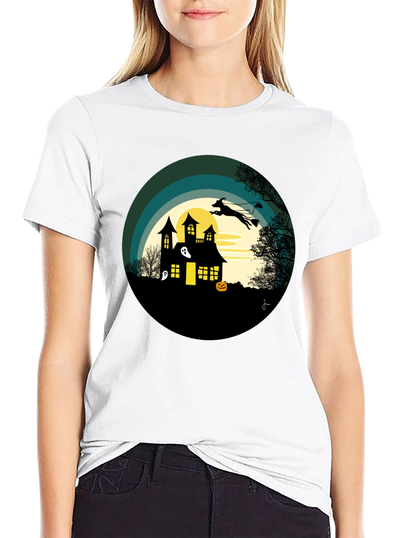 Halloween Spooky House Dog Silhouette Graphic T-Shirt