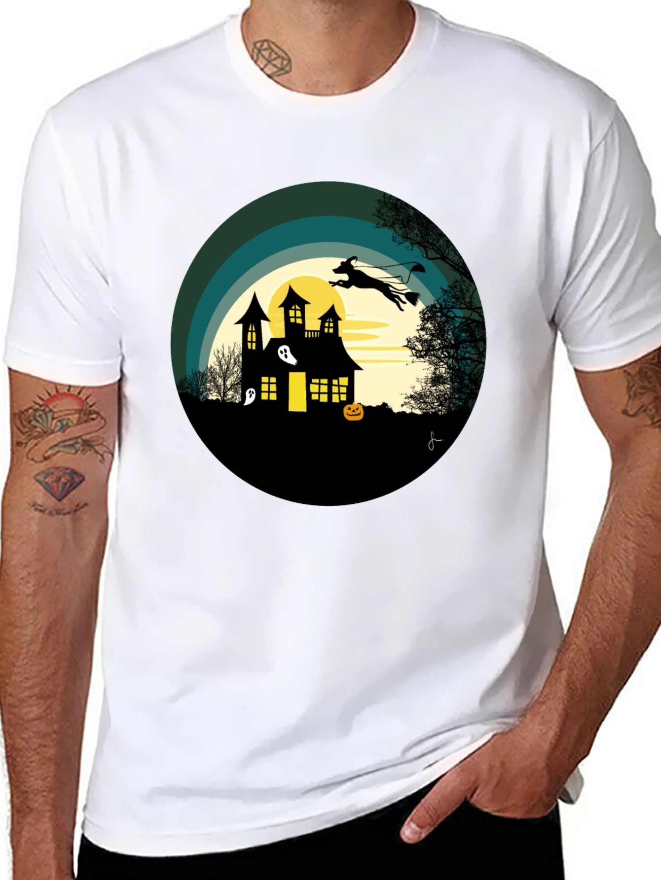 Halloween Spooky House Dog Silhouette Graphic T-Shirt