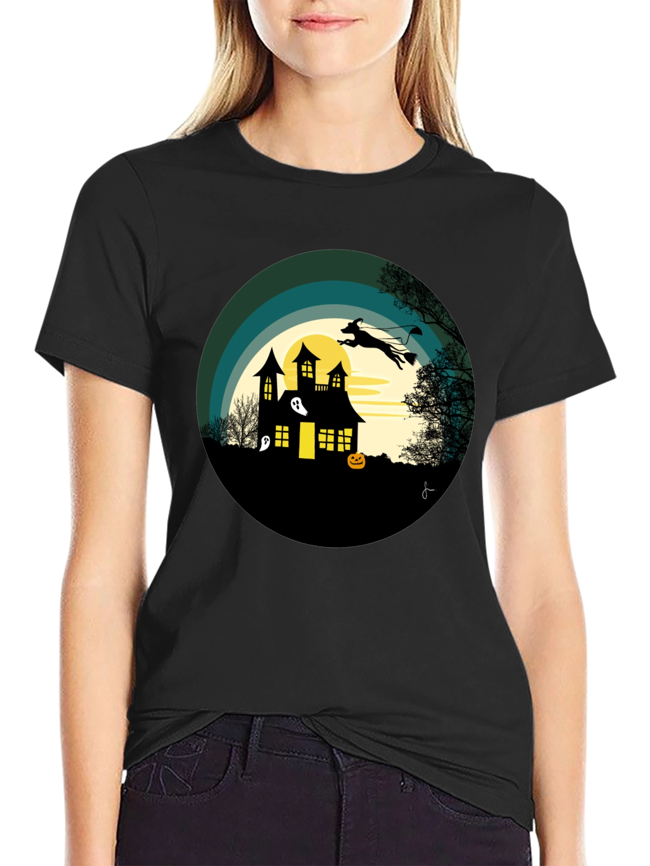 Halloween Spooky House Dog Silhouette Graphic T-Shirt