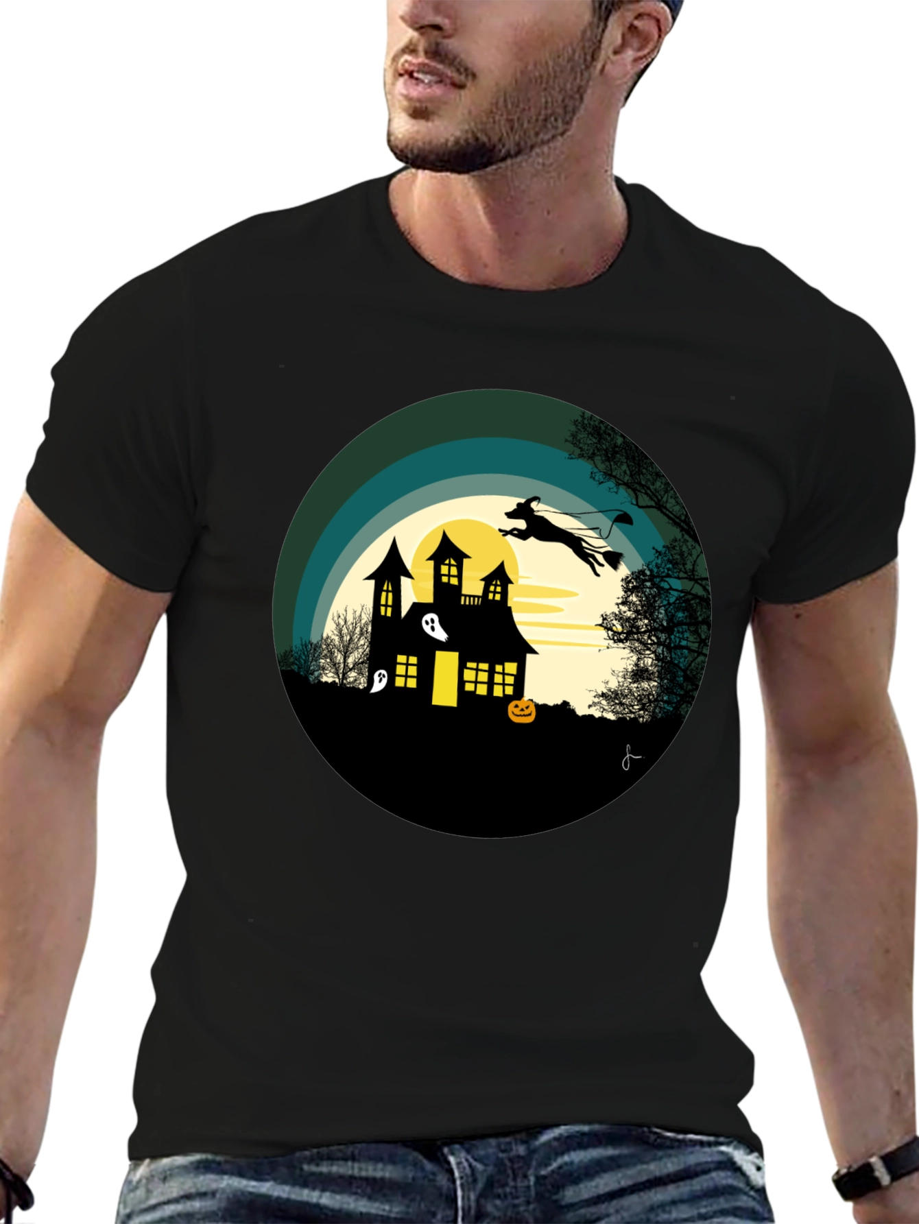 Halloween Spooky House Dog Silhouette Graphic T-Shirt
