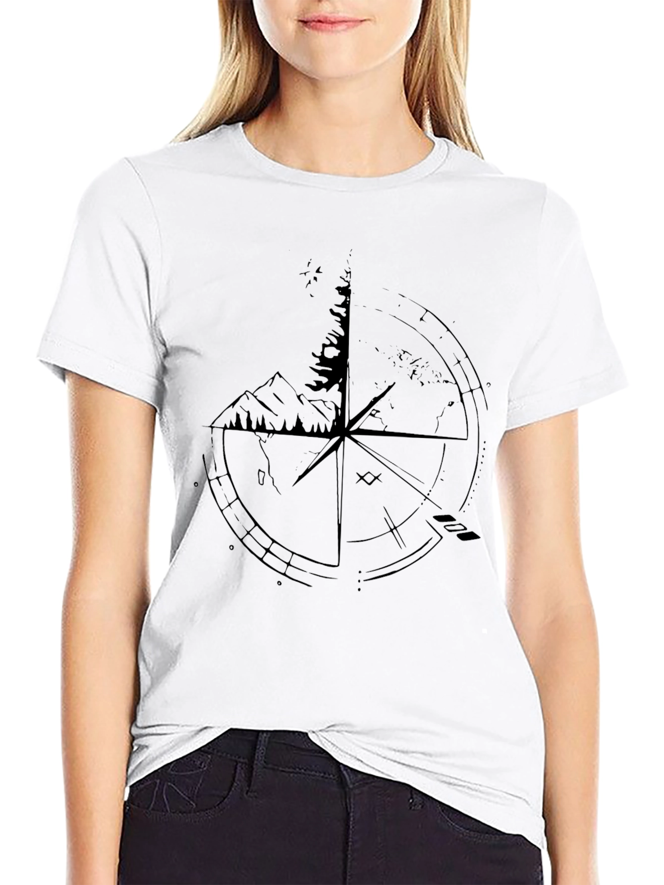 Compass & Nature Graphic Print Black T-Shirt