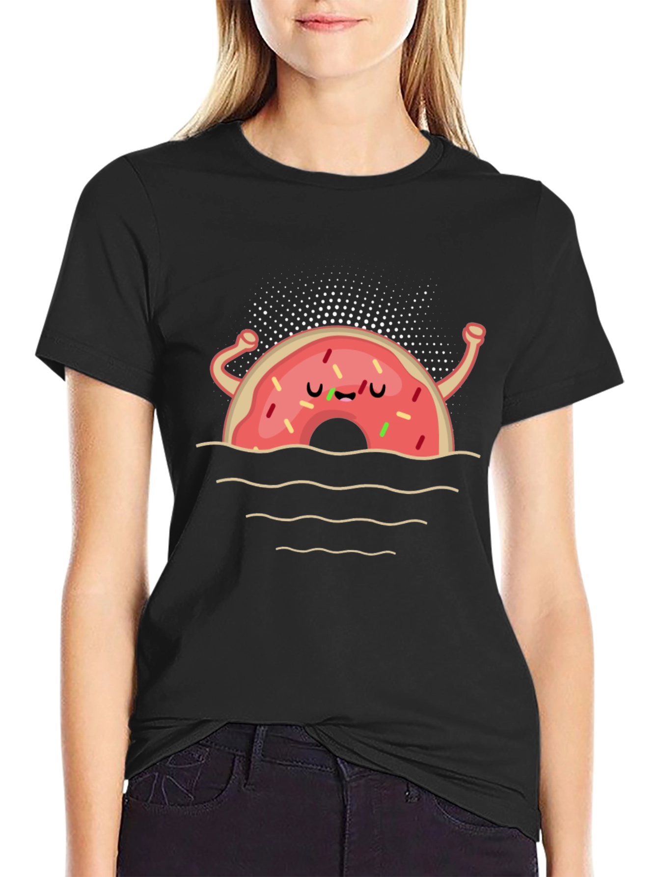 Funny Donut Cartoon Black T-Shirt