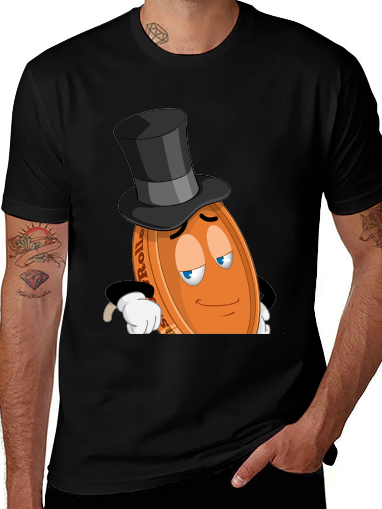 Whimsical Coin Character Graphic Tee - Black