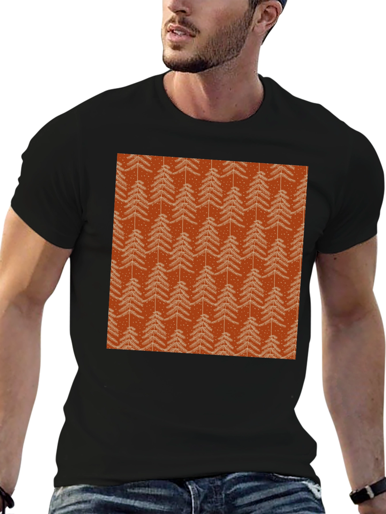 Festive Christmas Tree Patterned Black T-Shirt