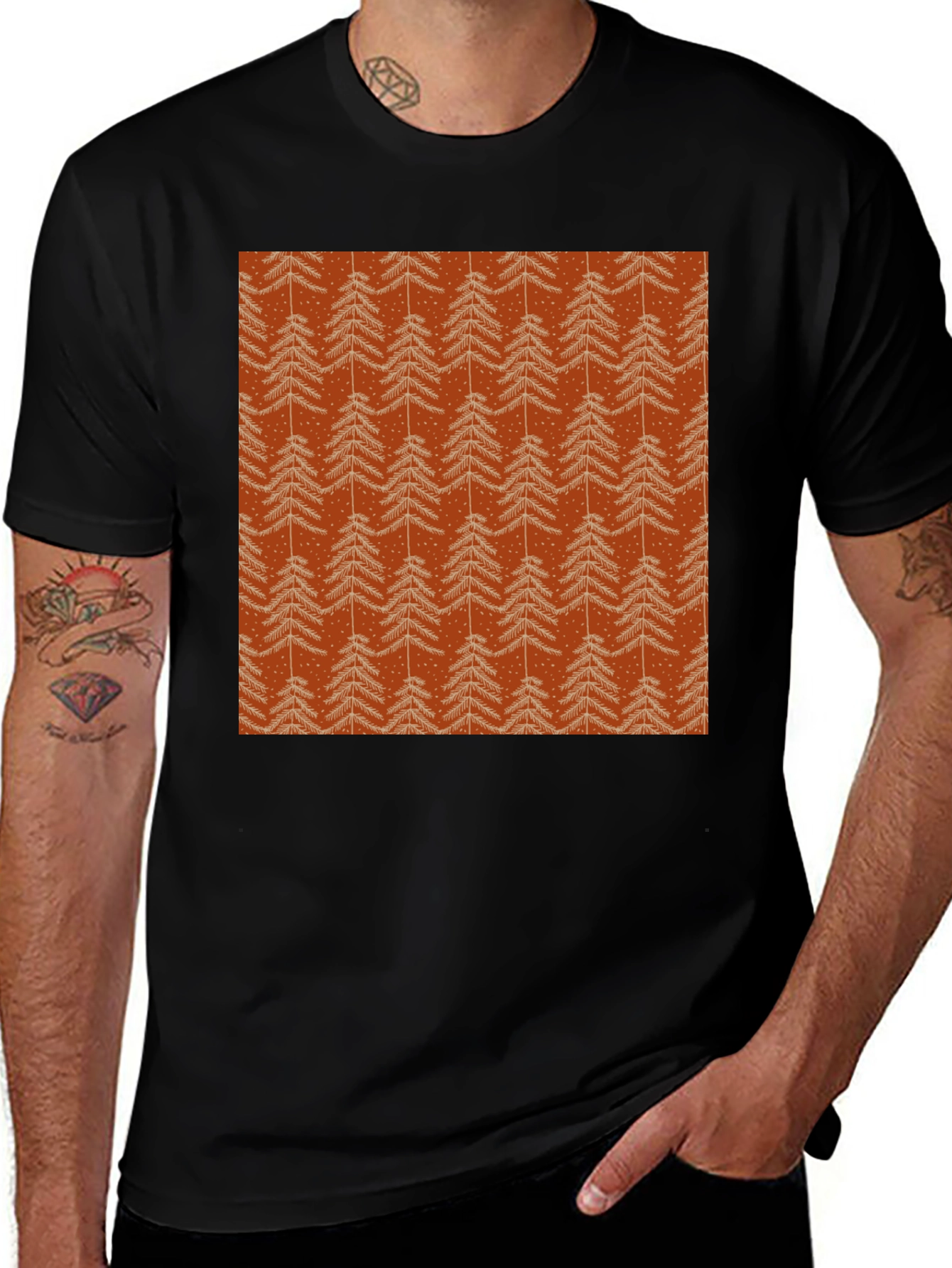 Festive Christmas Tree Patterned Black T-Shirt