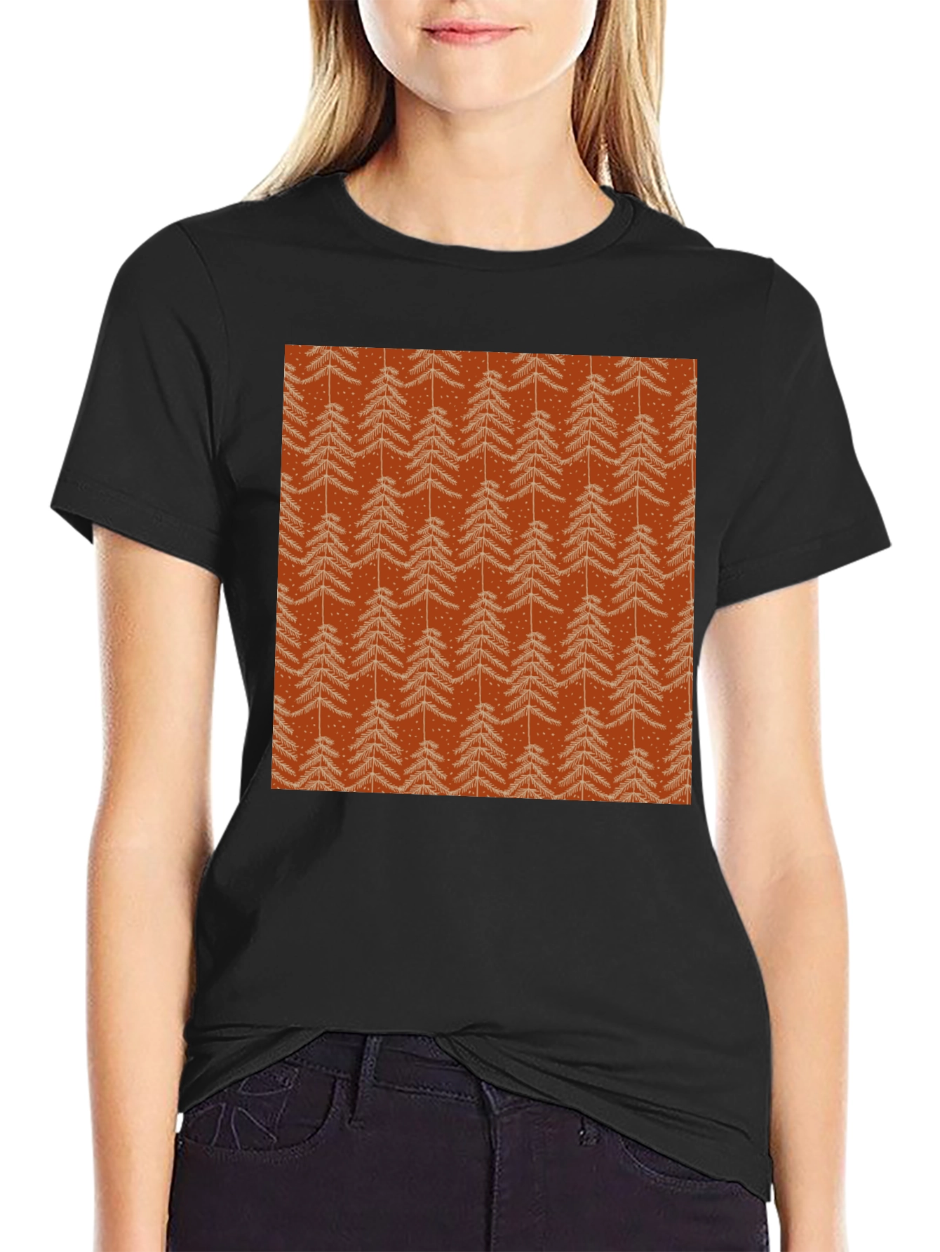 Festive Christmas Tree Patterned Black T-Shirt