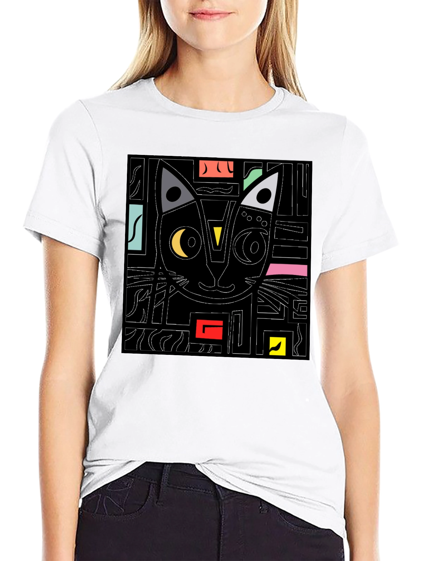Abstract Cat Graphic T-Shirt - Modern Black Tee