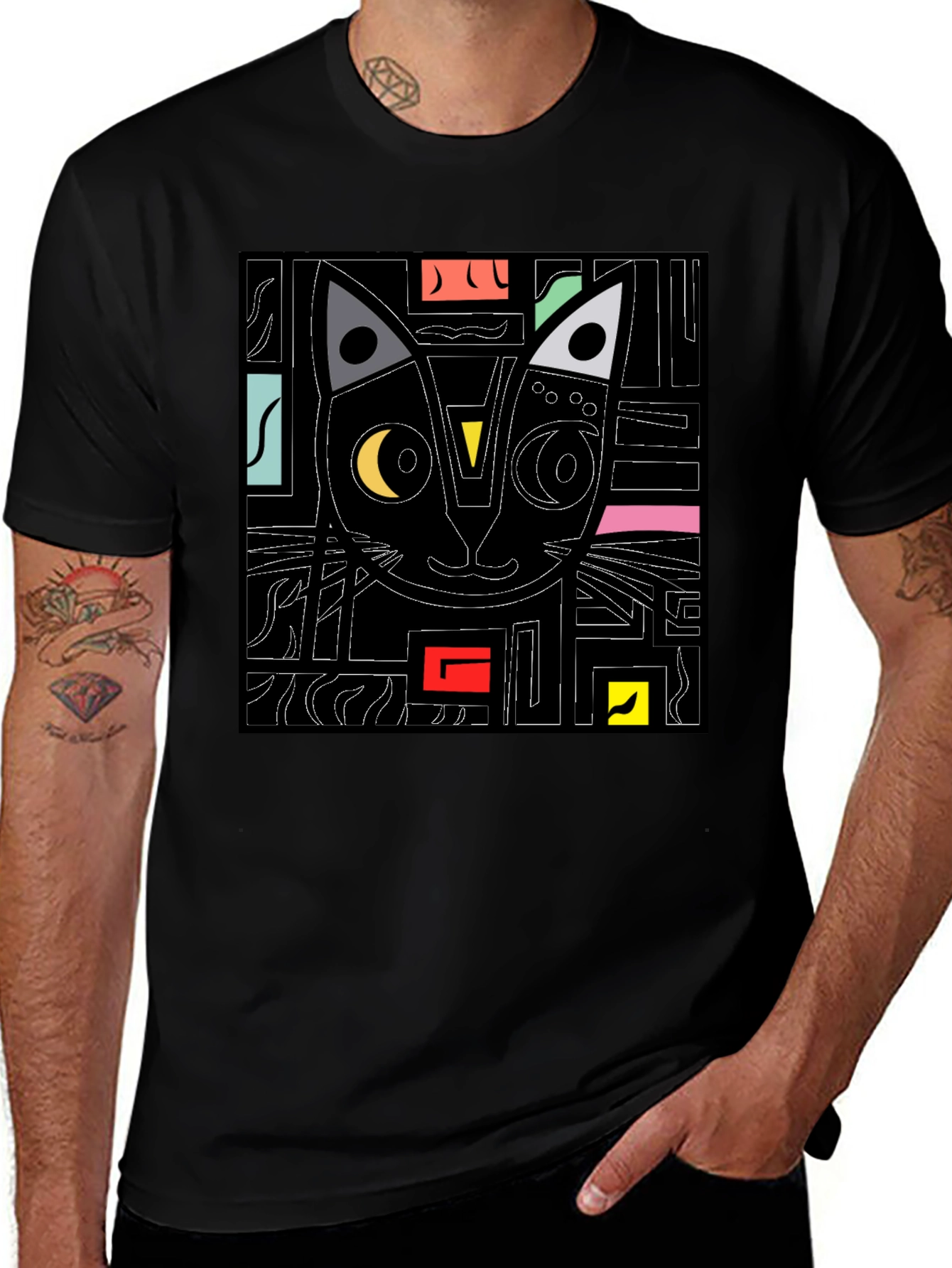 Abstract Cat Graphic T-Shirt - Modern Black Tee